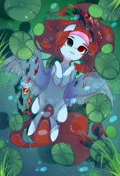 Size: 1300x1900 | Tagged: safe, alternate version, artist:nazori, derpibooru import, oc, unofficial characters only, fish, pegasus, pony, alternate character, commission, featureless crotch, heterochromia, image, lilypad, lying down, on back, outdoors, pegasus oc, png, pond, reed, solo, spread wings, water, wings, ych result