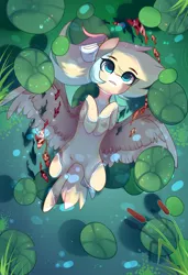 Size: 1300x1900 | Tagged: safe, alternate version, artist:nazori, derpibooru import, oc, unofficial characters only, fish, pegasus, pony, alternate character, commission, featureless crotch, image, lilypad, lying down, on back, outdoors, pegasus oc, png, pond, reed, solo, spread wings, water, wings, ych result