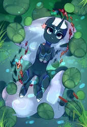 Size: 1280x1871 | Tagged: safe, alternate version, artist:nazori, derpibooru import, oc, unofficial characters only, fish, pony, unicorn, alternate character, commission, featureless crotch, horn, image, jpeg, lilypad, lying down, on back, outdoors, pond, reed, solo, unicorn oc, water, ych result