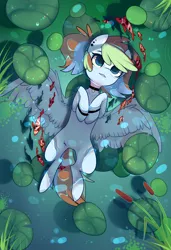 Size: 1300x1900 | Tagged: safe, alternate version, artist:nazori, derpibooru import, oc, unofficial characters only, fish, pegasus, pony, alternate character, commission, featureless crotch, image, lilypad, lying down, on back, outdoors, pegasus oc, png, pond, reed, solo, spread wings, water, wings, ych result