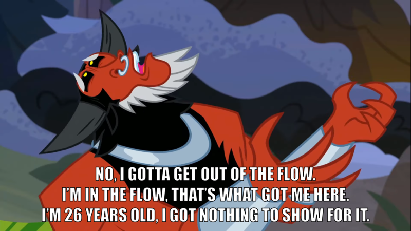 Size: 2000x1124 | Tagged: safe, derpibooru import, edit, edited screencap, screencap, lord tirek, centaur, elf, taur, frenemies (episode), antagonist, beard, black sclera, caption, elf (movie), eyebrows, facial hair, horns, image, impact font, mark acheson, nose piercing, nose ring, open mouth, piercing, png, reference, shackles, solo, text, voice actor joke, yellow eyes