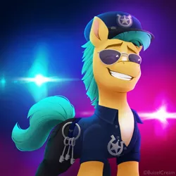 Size: 1188x1188 | Tagged: safe, artist:bcpony, derpibooru import, hitch trailblazer, earth pony, pony, my little pony: a new generation, spoiler:g5, spoiler:my little pony: a new generation, calendar, clothes, g5, hat, image, jpeg, male, police hat, police officer, police uniform, scene interpretation, shirt, smiling, solo, stallion, sunglasses