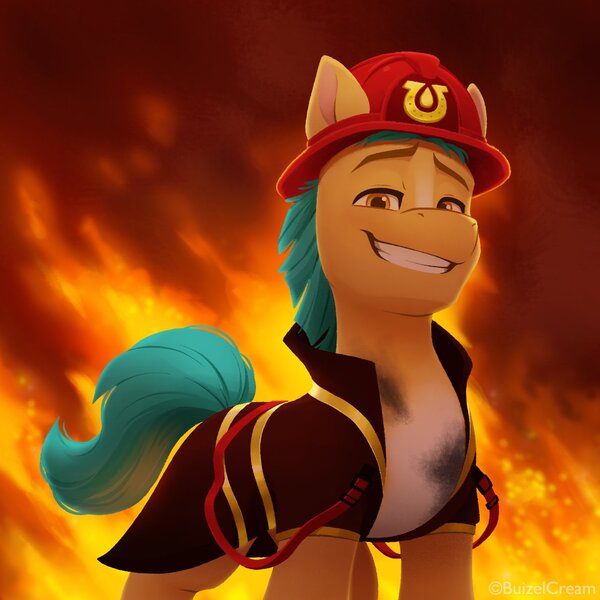 Size: 1188x1188 | Tagged: safe, artist:bcpony, derpibooru import, hitch trailblazer, earth pony, my little pony: a new generation, spoiler:g5, spoiler:my little pony: a new generation, calendar, clothes, firefighter, firefighter helmet, g5, grin, helmet, image, jpeg, scene interpretation, smiling, solo