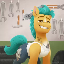 Size: 1188x1188 | Tagged: safe, artist:bcpony, derpibooru import, hitch trailblazer, earth pony, pony, my little pony: a new generation, spoiler:g5, spoiler:my little pony: a new generation, bolt cutter, calendar, clothes, g5, grin, hammer, image, jeans, jewelry, jpeg, mechanic, necklace, oil, pants, scene interpretation, smiling, socket wrench, solo, tanktop, wrench