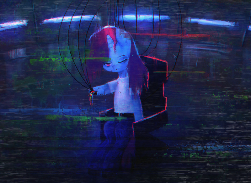 Size: 1632x1196 | Tagged: safe, artist:menalia, derpibooru import, oc, oc:niroh fatal, unofficial characters only, cyborg, cyborg pony, pony, unicorn, aesthetics, belt, chair, clothes, cyberpunk, dark room, emotionless, error, female, glitch, glitch art, horn, image, mare, neon, one eye closed, pants, png, shirt, shoes, sitting, solo, t-shirt, wires