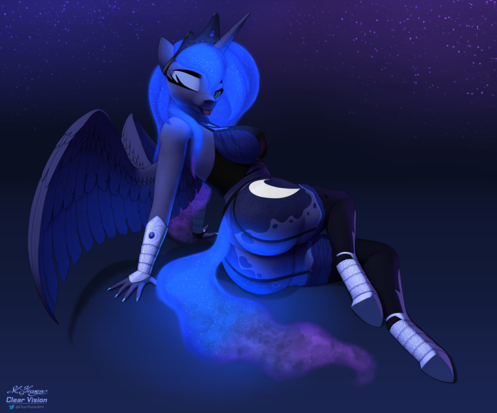 Size: 9500x7900 | Tagged: suggestive, artist:clear vision, derpibooru import, princess luna, anthro, unguligrade anthro, art pack:silk and lace, :p, absurd resolution, ass, breasts, butt, clothes, female, glow, glowing mane, glowing tail, image, lingerie, moonbutt, one eye closed, pinup, png, socks, solo, solo female, sultry pose, tail, the ass was fat, thigh highs, tongue out, wink