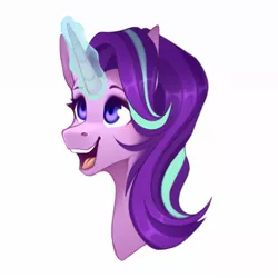 Size: 1200x1200 | Tagged: safe, artist:buvanybu, derpibooru import, starlight glimmer, pony, unicorn, bust, cute, female, glimmerbetes, image, jpeg, magic, magic aura, mare, open mouth, purple eyes, reformed starlight, simple background, smiling, solo, solo female, white background