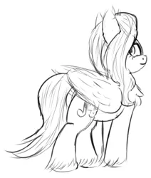 Size: 550x650 | Tagged: safe, artist:litrojia, derpibooru import, pipp petals, pegasus, pony, my little pony: a new generation, chest fluff, female, g5, grayscale, image, looking back, mare, monochrome, png, simple background, sketch, solo, white background