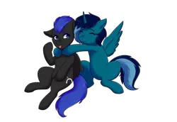 Size: 1535x1058 | Tagged: safe, derpibooru import, oc, oc:dashy, oc:nightluck, unofficial characters only, alicorn, pegasus, pony, derpibooru community collaboration, 2022 community collab, duo, hug, image, png, sitting, smiling