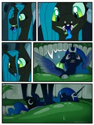 Size: 900x1200 | Tagged: suggestive, artist:smallhorses, derpibooru import, princess luna, queen chrysalis, alicorn, pony, butt, comic, female, giantess, image, jpeg, macro, mare, mawplay, micro, mouthplay, plot, redesign, size difference, soft vore, tail, tail sticking out, unwilling prey, unwilling vore, vore
