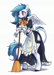 Size: 2312x3208 | Tagged: suggestive, artist:lunnita_pony, derpibooru import, oc, unofficial characters only, anthro, pegasus, unguligrade anthro, blushing, broom, clothes, female, image, jpeg, leonine tail, maid, simple background, solo, tail, white background
