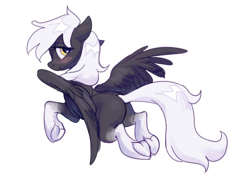 Size: 2856x2244 | Tagged: safe, artist:lunnita_pony, derpibooru import, oc, unofficial characters only, pegasus, pony, female, flying, image, jpeg, looking back, mare, simple background, solo, spread wings, underhoof, white background, wings