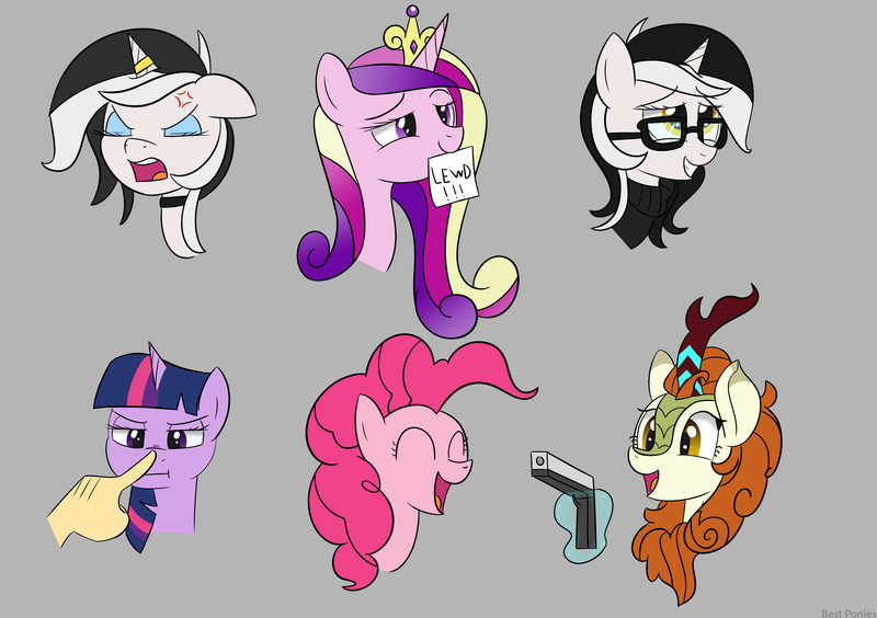 Size: 3770x2658 | Tagged: safe, artist:bestponies, derpibooru import, autumn blaze, pinkie pie, princess cadance, twilight sparkle, oc, oc:diamond horseshoe, oc:lil black diamond, alicorn, earth pony, human, kirin, pony, unicorn, annoyed, boop, clothes, crown, emotes, glasses, gun, hand, happy, image, jewelry, jpeg, lewd, magic, open mouth, open smile, paper, regalia, ring, smiling, sweater, telekinesis, weapon