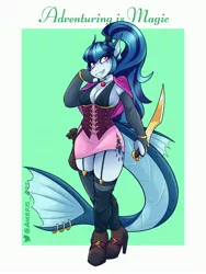 Size: 3072x4096 | Tagged: safe, artist:ambris, derpibooru import, sonata dusk, anthro, siren, adventuring is magic, blade, boots, breasts, cleavage, clothes, corset, dungeons and dragons, fantasy class, high heel boots, image, jewelry, jpeg, looking up, necklace, pen and paper rpg, rogue, rpg, shoes, smiling, socks, thigh highs