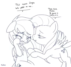 Size: 1376x1295 | Tagged: safe, artist:hyakuen, derpibooru import, part of a set, fluttershy, rainbow dash, pegasus, pony, series:my medium ungulate, them's fightin' herds, comforting, community related, crossover, crying, dialogue, eyebrows, eyebrows visible through hair, holding hooves, image, implied tianhuo, monochrome, part of a series, png, sad, simple background, white background