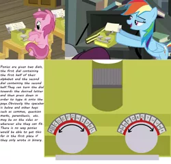 Size: 1934x1855 | Tagged: safe, derpibooru import, screencap, rainbow dash, ruby pinch, pony, daring don't, ponyville confidential, cropped, explanation, female, filly, foal, image, png, pony keyboard, text, typewriter