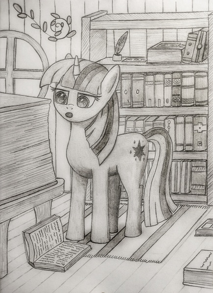 Size: 1567x2160 | Tagged: safe, artist:hory, derpibooru import, twilight sparkle, pony, unicorn, book, female, image, jpeg, library, monochrome, room, sketch, solo, traditional art