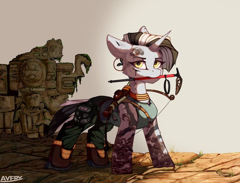 Size: 3961x3017 | Tagged: safe, artist:avery-valentine, derpibooru import, oc, oc:maya, zebra, zebracorn, arrow, boots, bow, clothes, giveaway, gold, horn, image, injured, jpeg, lara croft, pants, pickaxe, quiver, ruins, sand, shoes, sludge, zebra oc