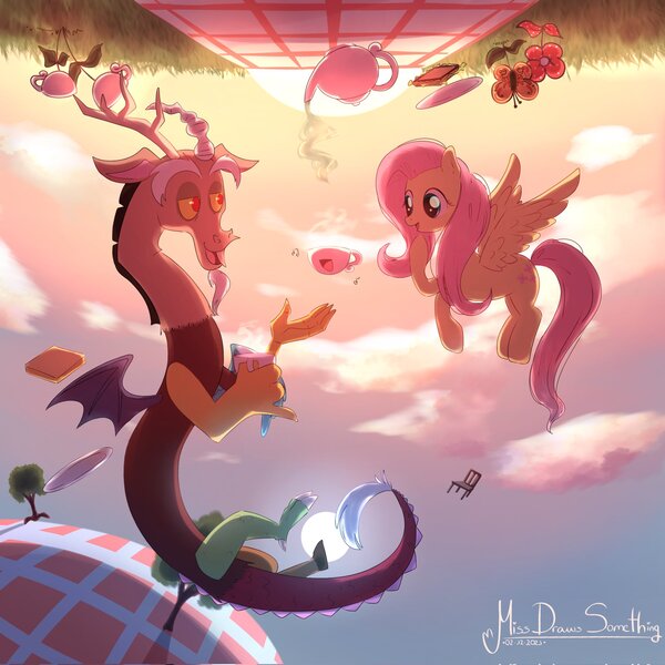 Size: 2048x2048 | Tagged: safe, artist:miss_draws_s, derpibooru import, discord, fluttershy, draconequus, pegasus, pony, chaos, cloud, cup, duo, female, image, jpeg, male, signature, spanish description, sunlight, tea party, teacup, thick eyebrows, tree, upside down