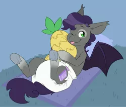 Size: 5000x4269 | Tagged: suggestive, artist:cuddlehooves, derpibooru import, oc, oc:sharp point, unofficial characters only, bat pony, pony, bat pony oc, bat wings, cute, diaper, diaper fetish, fetish, food, image, jpeg, non-baby in diaper, pineapple, plushie, wings