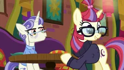 Size: 1920x1080 | Tagged: safe, derpibooru import, screencap, first folio, moondancer, pony, unicorn, season 9, the point of no return, spoiler:s09, clothes, duo, female, glasses, image, mare, png, sweater, table, the tasty treat