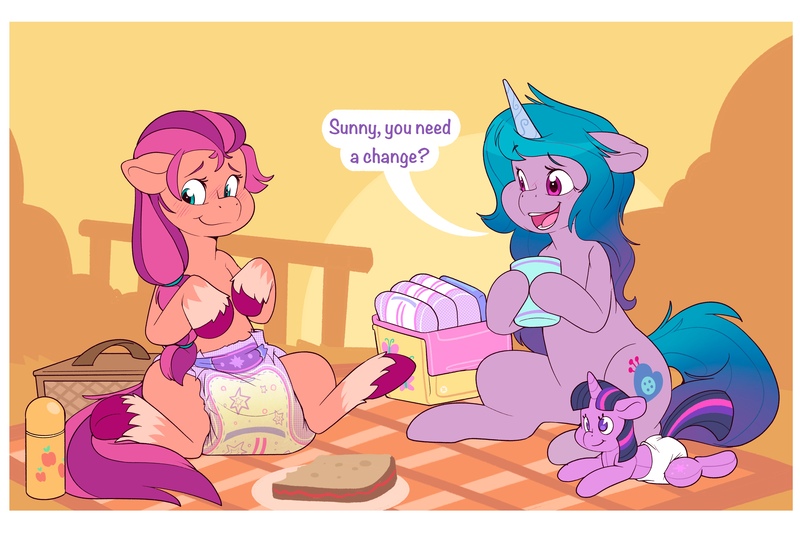 Size: 6382x4250 | Tagged: questionable, artist:cuddlehooves, derpibooru import, izzy moonbow, sunny starscout, twilight sparkle, adult foal, basket, blushing, cute, diaper, diaper bag, diaper fetish, female, fetish, food, g5, image, jpeg, non-baby in diaper, picnic, picnic basket, picnic blanket, plushie, sandwich, wet diaper