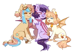 Size: 2010x1434 | Tagged: safe, artist:cheekipone, derpibooru import, oc, oc:bloodmoon lullaby, oc:honey milk, oc:star screw, unofficial characters only, bat pony, unicorn, derpibooru, derpibooru community collaboration, 2022 community collab, amputee, bat pony oc, bat wings, bell, bell collar, blushing, choker, collar, ear piercing, earring, goggles, image, jewelry, meta, one eye closed, piercing, png, prosthetic leg, prosthetic limb, prosthetics, raspberry, smiling, spiked choker, spread wings, tongue out, wings, wink