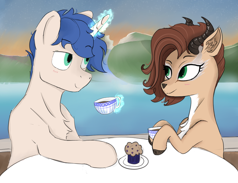 Size: 1555x1200 | Tagged: safe, artist:remedy7en, derpibooru import, oc, oc:karabou, oc:laurus, unofficial characters only, gazelle, pony, unicorn, coffee, cup, image, png, teacup