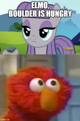 Size: 500x751 | Tagged: safe, derpibooru import, edit, edited screencap, screencap, boulder (pet), maud pie, pony, rock solid friendship, angry, caption, crossover, dialogue, discovery family, discovery family logo, elmo, image, image macro, jpeg, logo, meme, sesame street, text, triggered