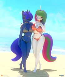 Size: 1952x2340 | Tagged: suggestive, artist:eqamrd, derpibooru import, princess celestia, princess luna, alicorn, anthro, 3d, beach, belly button, big breasts, bikini, breasts, busty princess celestia, busty princess luna, clothes, curvy, duo, duo female, erect nipples, female, females only, high res, hourglass figure, image, looking at you, nipple outline, ocean, partial nudity, patreon, patreon logo, png, sexy, siblings, sisters, summer, sun, swimsuit, tail, water, wide hips