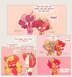 Size: 1200x1282 | Tagged: safe, artist:sockiepuppetry, derpibooru import, hitch trailblazer, izzy moonbow, pipp petals, sprout cloverleaf, sunny starscout, zipp storm, earth pony, pegasus, unicorn, my little pony: a new generation, comedy, crying, fedora, g5, harness pathfinder, hat, height difference, height joke, image, isaac crestie, obvious, pip corolla, png, ruined mascara, rule 63, sapling trefoil, sheriff, small pony, spanish, strong, sun starchaser, translation, translator:zariots, zip cyclone
