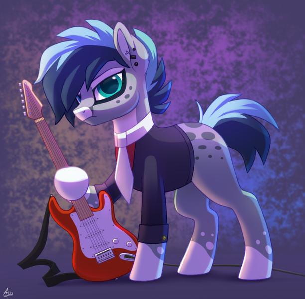 Size: 990x970 | Tagged: safe, artist:luminousdazzle, derpibooru import, oc, oc:kyanite, unofficial characters only, earth pony, pony, ear piercing, electric guitar, frown, guitar, image, looking at you, male, markings, musical instrument, necktie, piercing, png, simple background, solo, stallion