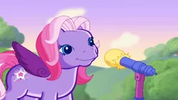 Size: 2204x1242 | Tagged: safe, derpibooru import, screencap, starsong, pegasus, pony, meet the ponies, cute, female, g3, image, looking at you, mare, microphone, microphone stand, outdoors, png, purple wings, smiling, smiling at you, solo, starsawwwng, starsong's dance & sing party, that pony sure does love to sing, wings