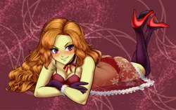 Size: 3342x2093 | Tagged: suggestive, artist:rileyav, derpibooru import, adagio dazzle, equestria girls, adagio dat-azzle, blushing, butt, clothes, eyebrows, eyebrows visible through hair, female, grin, high heels, high res, image, jpeg, lying down, prone, raised leg, see-through, shoes, smiling, solo, solo female, the pose