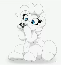 Size: 3450x3653 | Tagged: safe, artist:pabbley, derpibooru import, pinkie pie, earth pony, pony, belly button, diet coke, drink, drinking, female, grayscale, image, jpeg, mare, monochrome, neo noir, partial color, product placement, raised hoof, simple background, sitting, soda, soda can, solo, underhoof, white background