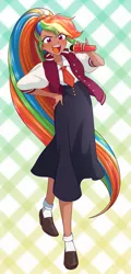 Size: 2054x4268 | Tagged: safe, alternate version, artist:rileyav, derpibooru import, rainbow dash, human, alternate hairstyle, anime, clothes, cosplay, costume, dark skin, female, hand on hip, humanized, image, microphone, necktie, open mouth, png, saki nikaido, school uniform, shoes, skirt, solo, zombieland saga