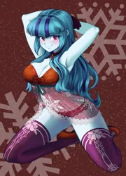 Size: 2638x3662 | Tagged: suggestive, artist:rileyav, derpibooru import, sonata dusk, equestria girls, arm behind back, armpits, big breasts, blushing, bra, breasts, busty sonata dusk, cleavage, clothes, commission, female, gloves, image, lingerie, looking at you, png, smiling, socks, solo, solo female, stockings, thigh highs, underwear