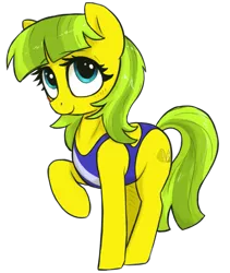 Size: 1197x1416 | Tagged: safe, artist:t72b, derpibooru import, oc, oc:lemon drop, pony, derpibooru community collaboration, 2022 community collab, blushing, clothes, female, image, mare, png, raised hoof, simple background, solo, swimsuit, transparent background