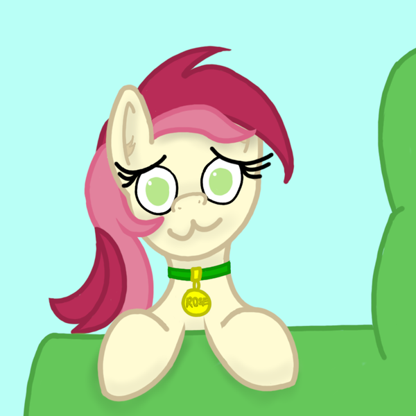 Size: 800x800 | Tagged: safe, artist:kanw, derpibooru import, roseluck, earth pony, pony, armchair, behaving like a cat, collar, cute, image, png, rosabetes, rosepet, simple background, solo