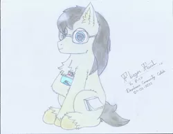 Size: 3291x2550 | Tagged: safe, artist:fliegerfausttop47, derpibooru import, oc, oc:paperback writer, unofficial characters only, earth pony, derpibooru community collaboration, 2022 community collab, arm fluff, black hair, blue eyes, cheek fluff, chest fluff, cute, derpibooru exclusive, ear fluff, glasses, holding, hoof fluff, image, jpeg, leg fluff, looking at you, notebook, shoulder fluff, signature, simple background, smiling, solo, tan coat, unshorn fetlocks, white background