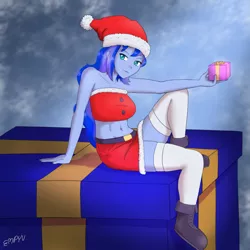 Size: 1200x1200 | Tagged: safe, artist:empyu, derpibooru import, princess luna, equestria girls, christmas, clothes, gift wrapped, hat, holiday, image, looking at you, png, santa hat, shoes, socks, stockings, thigh highs, vice principal luna