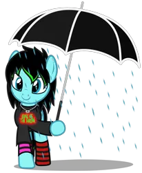 Size: 3064x3712 | Tagged: safe, artist:strategypony, derpibooru import, oc, oc:scene chick, unofficial characters only, pony, black mane, bring me the horizon, clothes, ear piercing, emo, female, image, jewelry, mare, necklace, piercing, png, rain, simple background, socks, striped socks, that's the spirit, transparent background, umbrella