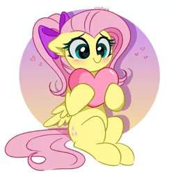 Size: 4531x4536 | Tagged: safe, artist:kittyrosie, derpibooru import, fluttershy, pegasus, pony, absurd resolution, alternate hairstyle, blushing, cute, female, heart, heart eyes, image, mare, png, ponytail, shyabetes, sitting, smiling, solo, wingding eyes