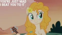 Size: 1280x720 | Tagged: safe, derpibooru import, edit, edited screencap, editor:quoterific, screencap, pear butter, earth pony, pony, season 7, the perfect pear, blushing, flower, flower in hair, guitar, image, jpeg, musical instrument, smiling, solo