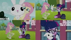 Size: 1280x720 | Tagged: safe, derpibooru import, edit, edited screencap, editor:quoterific, screencap, angel bunny, fluttershy, sci-twi, twilight sparkle, rabbit, equestria girls, friendship games, animal, clothes, eyes closed, female, glasses, hairpin, image, male, open mouth, open smile, png, ponytail, smiling, tanktop