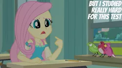 Size: 1280x720 | Tagged: safe, derpibooru import, edit, edited screencap, editor:quoterific, screencap, fluttershy, bird, a little birdie told me, equestria girls, equestria girls series, female, geode of fauna, image, jewelry, jpeg, magical geodes, necklace, open mouth, pencil, pointing at self