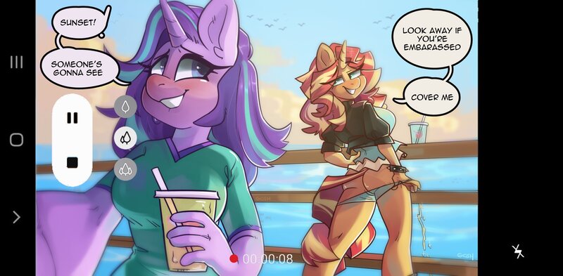 Size: 4096x2014 | Tagged: questionable, artist:goshhhh, derpibooru import, sunset shimmer, anthro, unicorn, equestria girls, blatant lies, commission, drink, duo, duo female, equestria girls-ified, female, image, implied futa, implied lesbian, jpeg, lip bite, mobile phone, phone, pissing, promingent female, proud, recording, smartphone, stifling laughter, teasing, trying too hard, urine