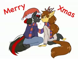 Size: 3076x2330 | Tagged: safe, artist:rensakai, derpibooru import, oc, oc:scarlet spray, oc:soaring heart, anthro, earth pony, pegasus, christmas, clothes, holiday, image, jpeg, scarf, sweater