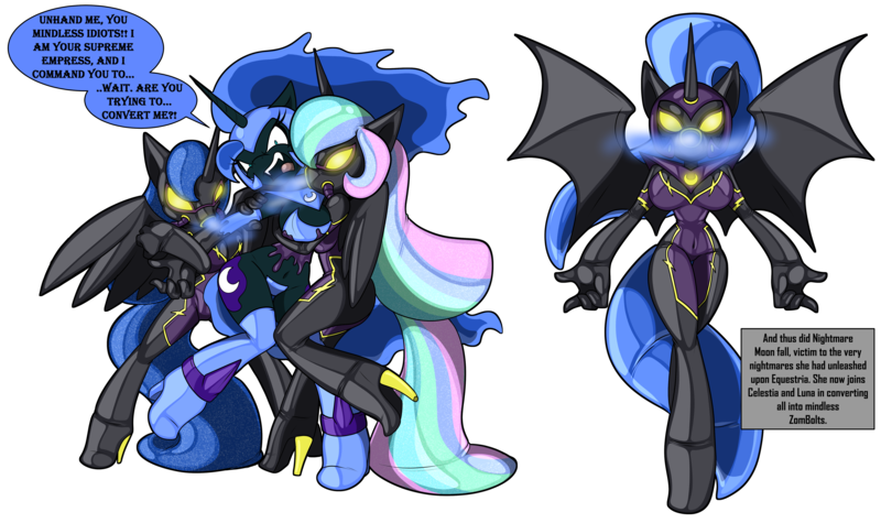 Size: 5672x3370 | Tagged: questionable, artist:tinker-tock, derpibooru import, nightmare moon, princess celestia, princess luna, alicorn, anthro, unguligrade anthro, absurd resolution, angry, backfire, bat wings, belly button, boots, breasts, breath, busty nightmare moon, busty princess celestia, busty princess luna, clothes, commission, conversion, dialogue, female, females only, gas mask, glow, glowing eyes, goggles, helmet, high heel boots, hoist by her own petard, image, latex, latex suit, mask, mind control, open arms, open mouth, png, restrained, royal sisters, rubber, rubber drone, shadowbolt drone, shadowbolts, shiny, shoes, siblings, simple background, sisters, speech bubble, text box, transparent background, trio, trio female, wings