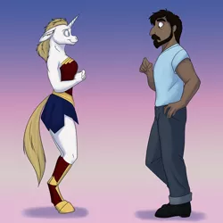 Size: 1000x1000 | Tagged: safe, artist:foxenawolf, derpibooru import, oc, oc:caleb awad, oc:pearl belle (goldfur), alicorn, anthro, human, unguligrade anthro, fanfic:beginning anew, beard, clothes, duo, facial hair, fanfic art, female, gradient background, image, male, parent:oc:mark wells, parent:rarity, png